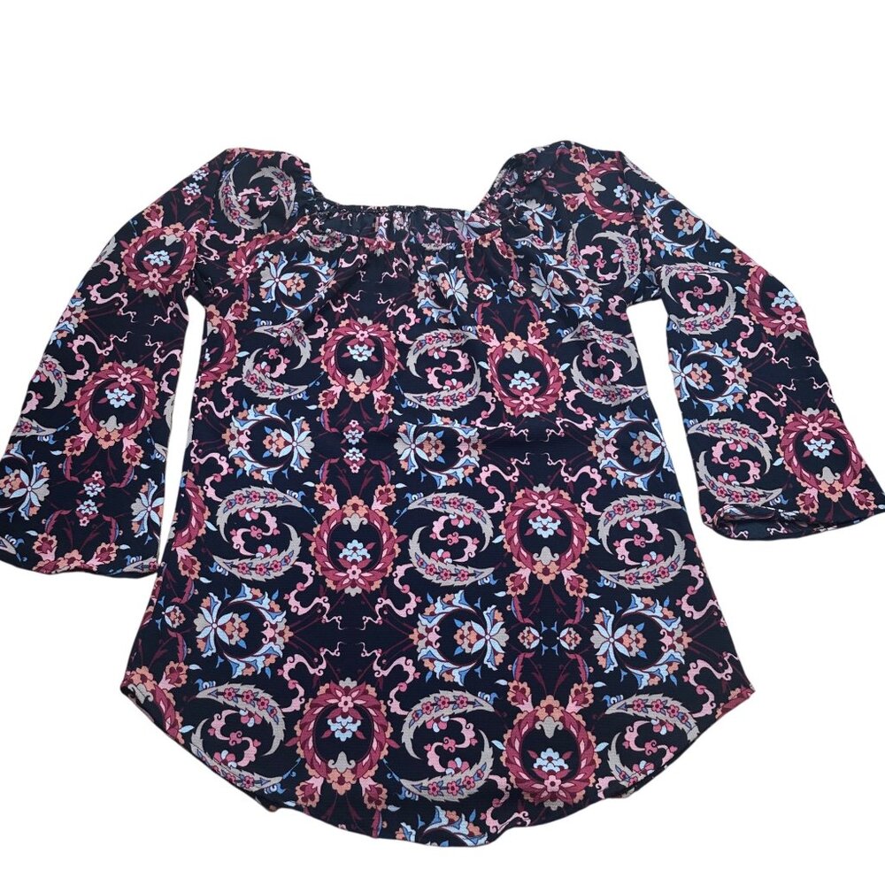 Black Off Shoulder Peasant Blouse Boho Paisley Print Bohemian Top Size L - Picture 3 of 5